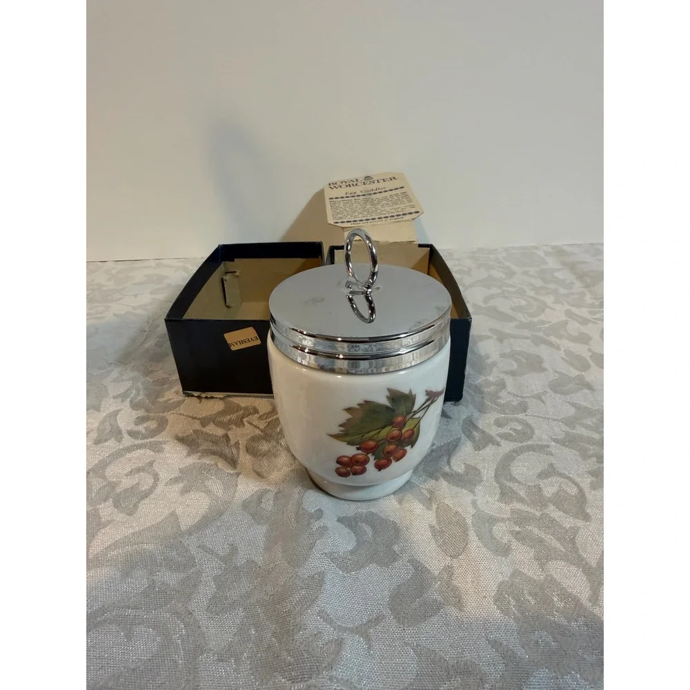 Royal Worcester Evesham King Size Porcelain Egg Coddler with Chrome Lid England